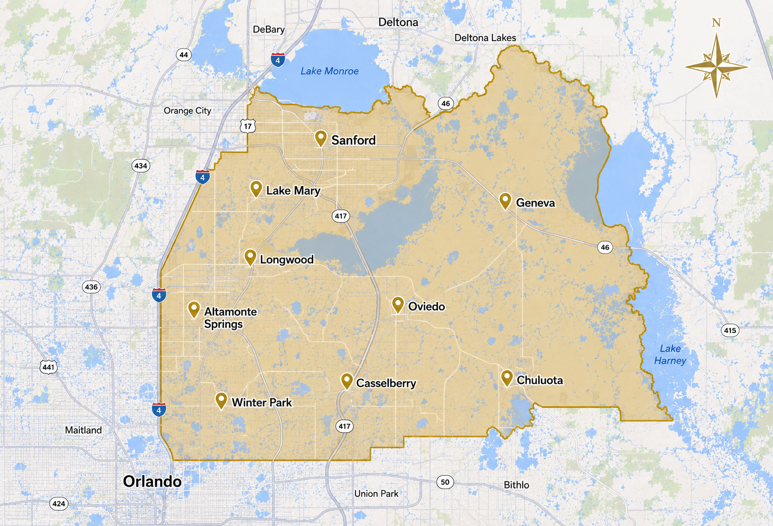Map of the Luxe Flush Seminole County, FL service area highlighting Sanford, Lake Mary, Longwood, Altamonte Springs, Casselberry, Oviedo, Winter Springs, Geneva, and Chuluota